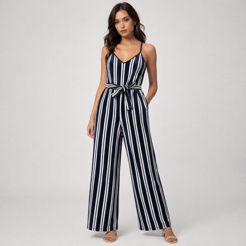 Forever 21 Navy White Striped Velour Jumpsuit Wide Leg Size M
